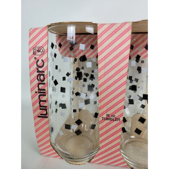 Vintage NOS Set of 4 Luminarc Durand Black White Confetti Tumbler Glasses 16oz - Picture 3 of 7